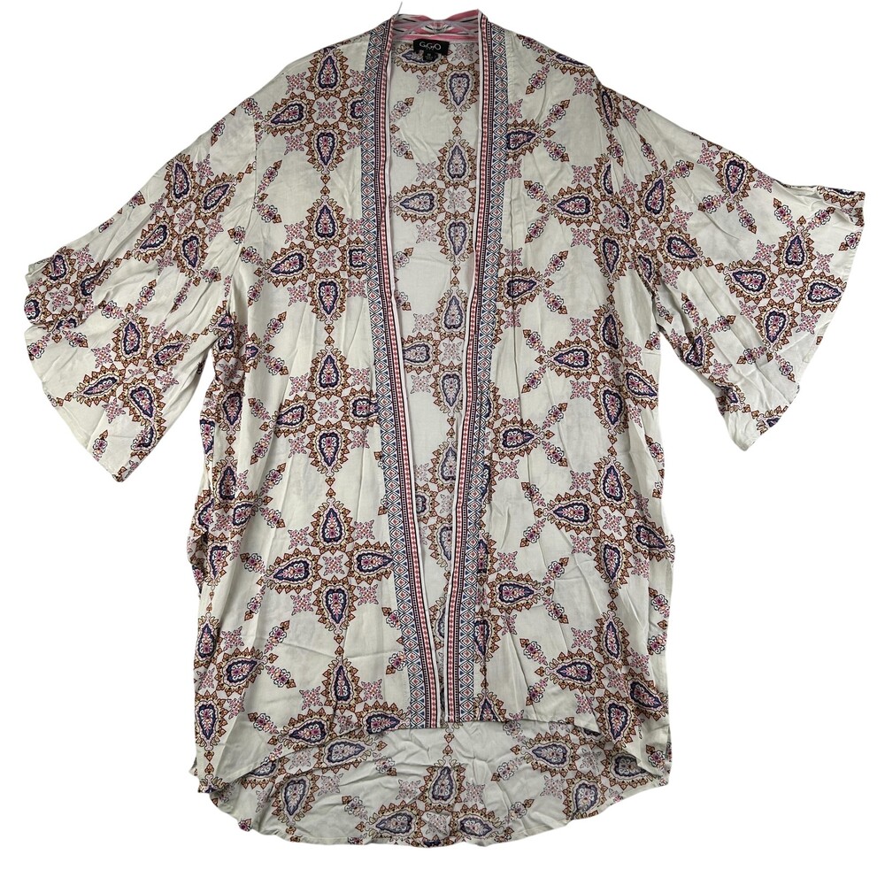 GiGiO Jacket Womens Medium White Paisley Kimono 3/4 Sleeve Boho Open Lightweight